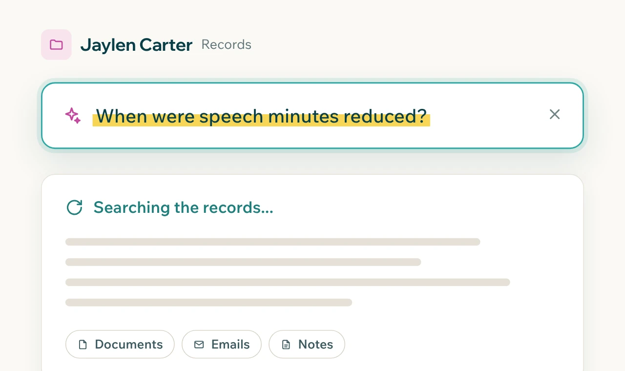 A plain-language question typed into a student's records search, with results loading from documents, emails, and notes.