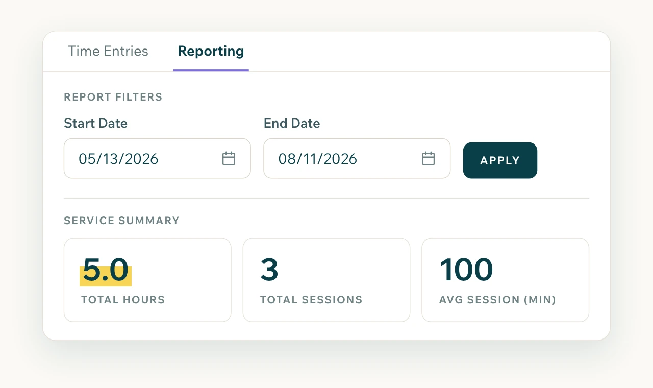 Service reporting for a sample student: date filters and a summary of total hours, sessions, and average session length.