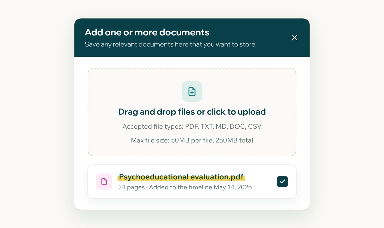The Add documents drawer in a student's records, with a psychoeducational evaluation uploaded and added to the timeline.