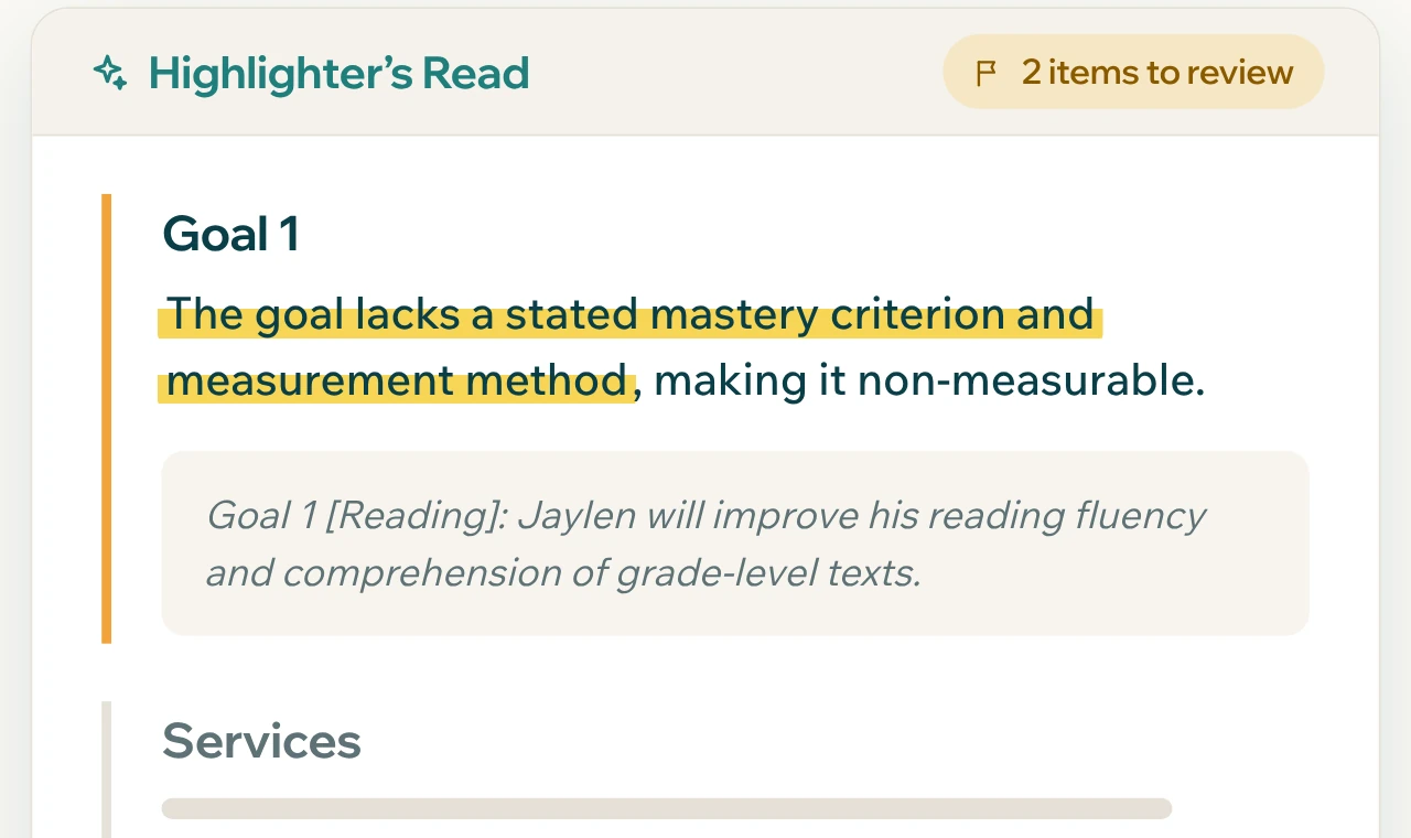 A flagged item on a sample IEP goal: the goal lacks a stated mastery criterion and measurement method, making it non-measurable.