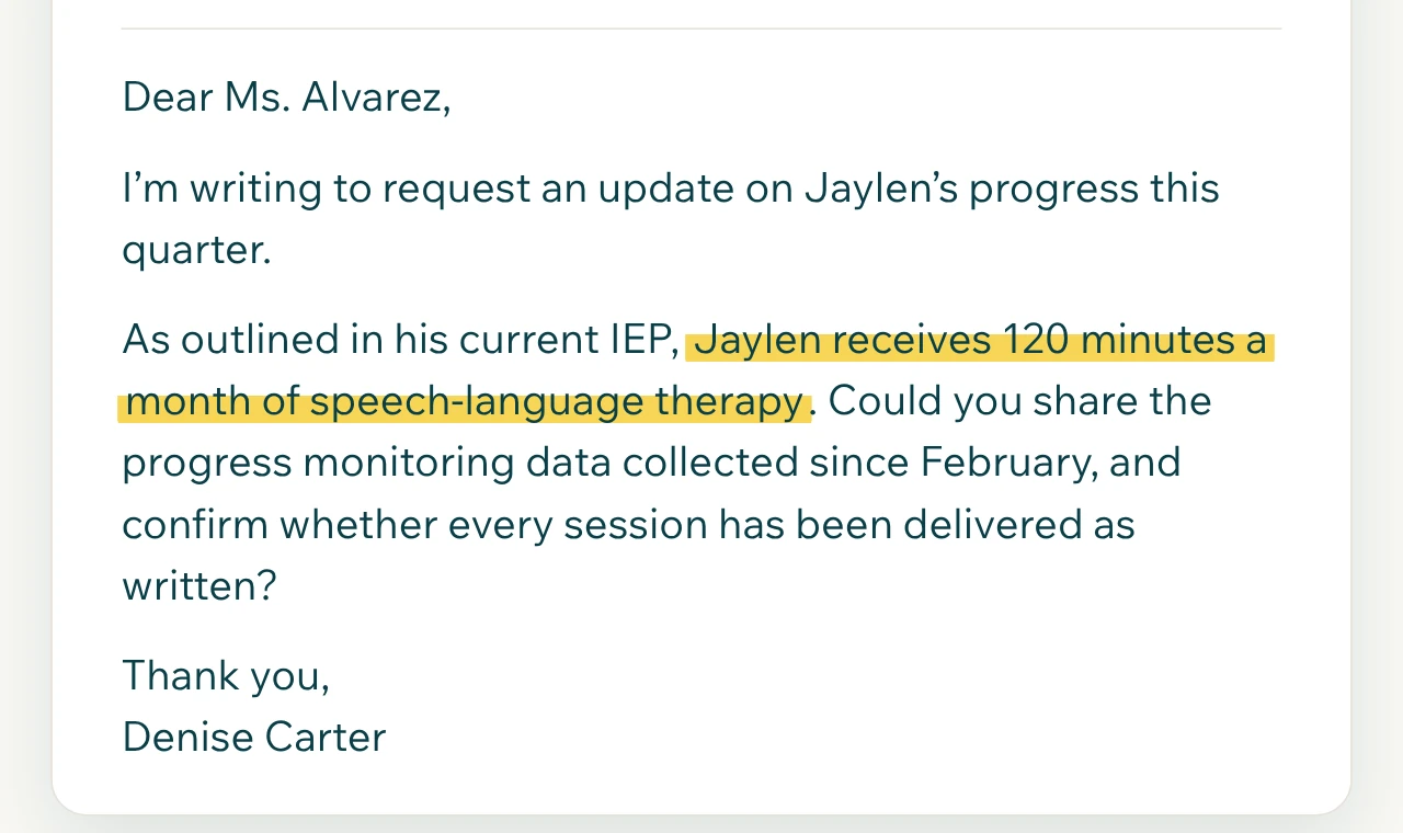 An email draft to the school case manager that cites the speech-language therapy minutes in the student's IEP.