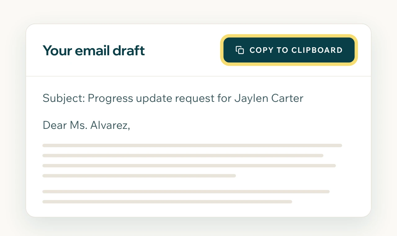 A finished email draft with a Copy to clipboard button.