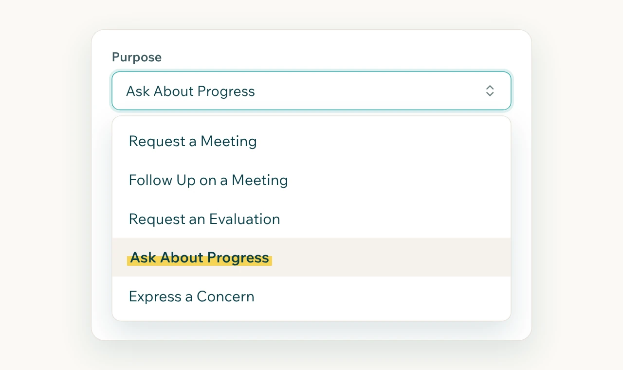 The email purpose menu: request a meeting, follow up on a meeting, request an evaluation, ask about progress, express a concern.
