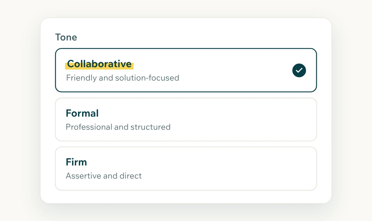 Tone options for an email draft: Collaborative, Formal, and Firm, with Collaborative selected.