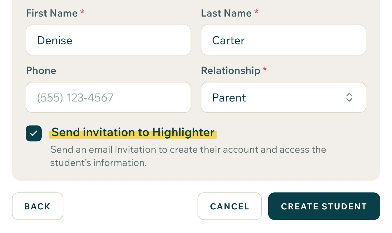 Adding a parent as a caretaker for a sample student, with Send invitation to Highlighter checked.