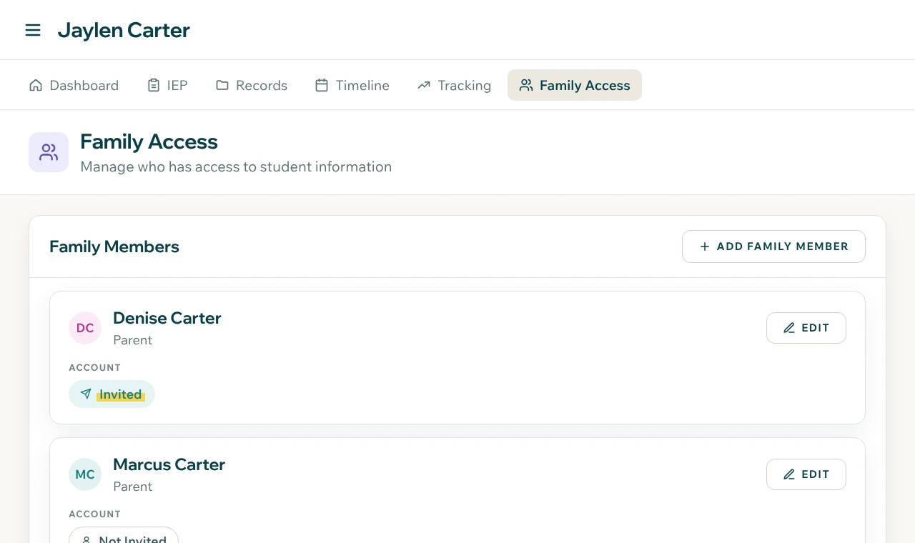 Family Access for a sample student: two parents listed as family members, one already invited to Highlighter.