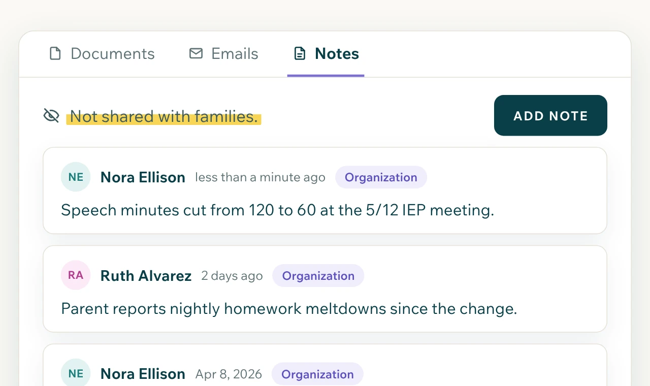 The Notes tab in a student's records, labeled Not shared with families, with case notes from two team members.