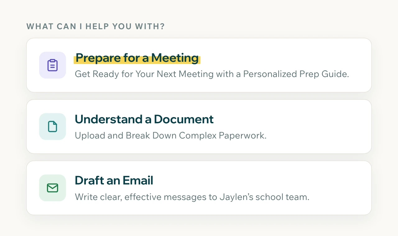 A student dashboard's What can I help you with section: Prepare for a Meeting, Understand a Document, and Draft an Email.