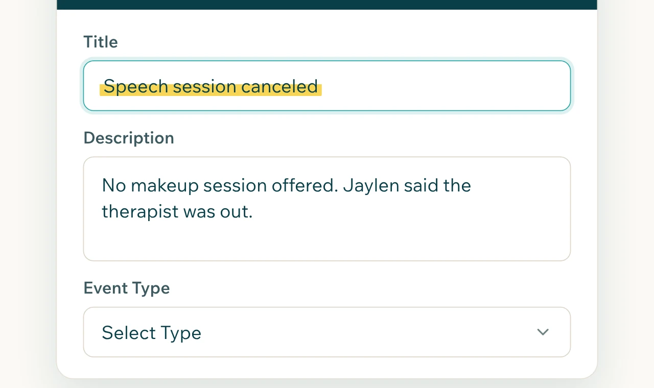 The Add a New Event drawer for a student's timeline, with a canceled speech session being logged.