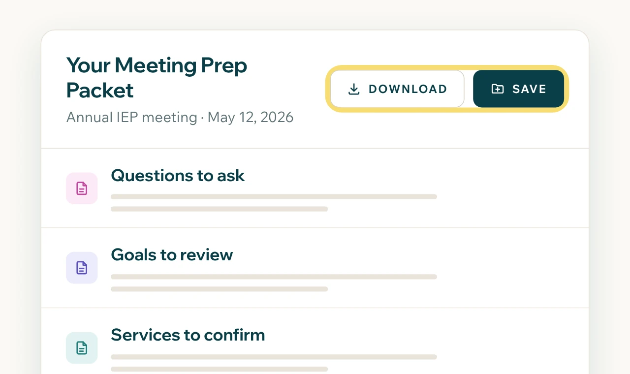 The finished meeting prep packet with Download and Save buttons, and sections for questions to ask, goals to review, and services to confirm.