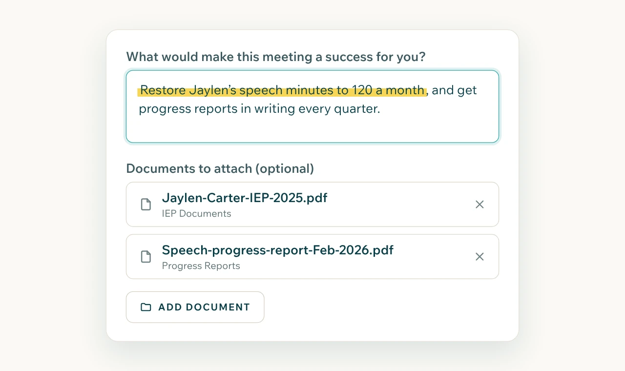 The meeting prep form with the family's goal for the meeting filled in and two documents attached.