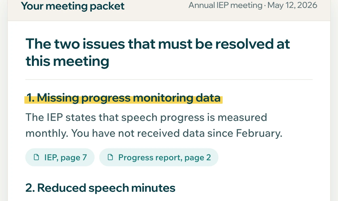 A meeting packet section, The two issues that must be resolved at this meeting, starting with missing progress monitoring data and citing the IEP page.